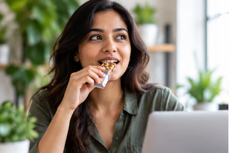 Woman at a laptop eating a packaged snack bar — the 3 p.m. protein-bar choice