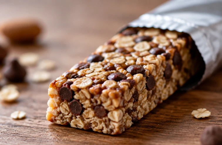 A granola-style protein bar with oats and chocolate, still in its wrapper