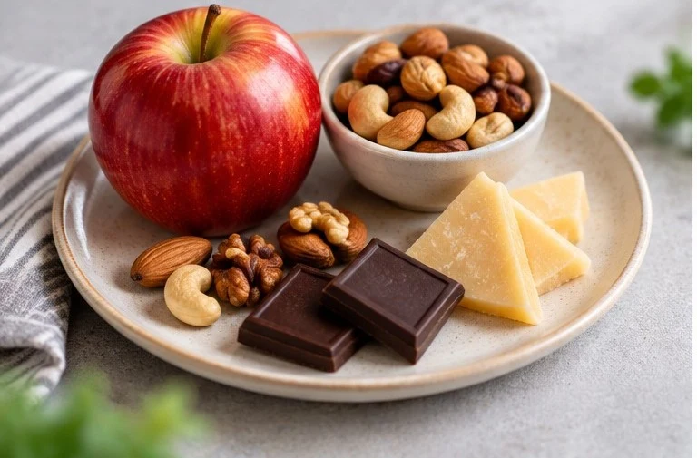 Apple, mixed nuts, Parmesan, and dark chocolate on a plate — a whole-food snack