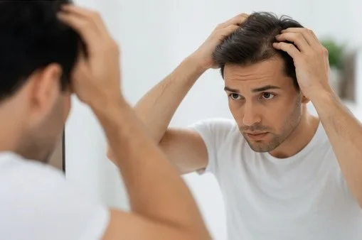 Man checking his hairline in the mirror