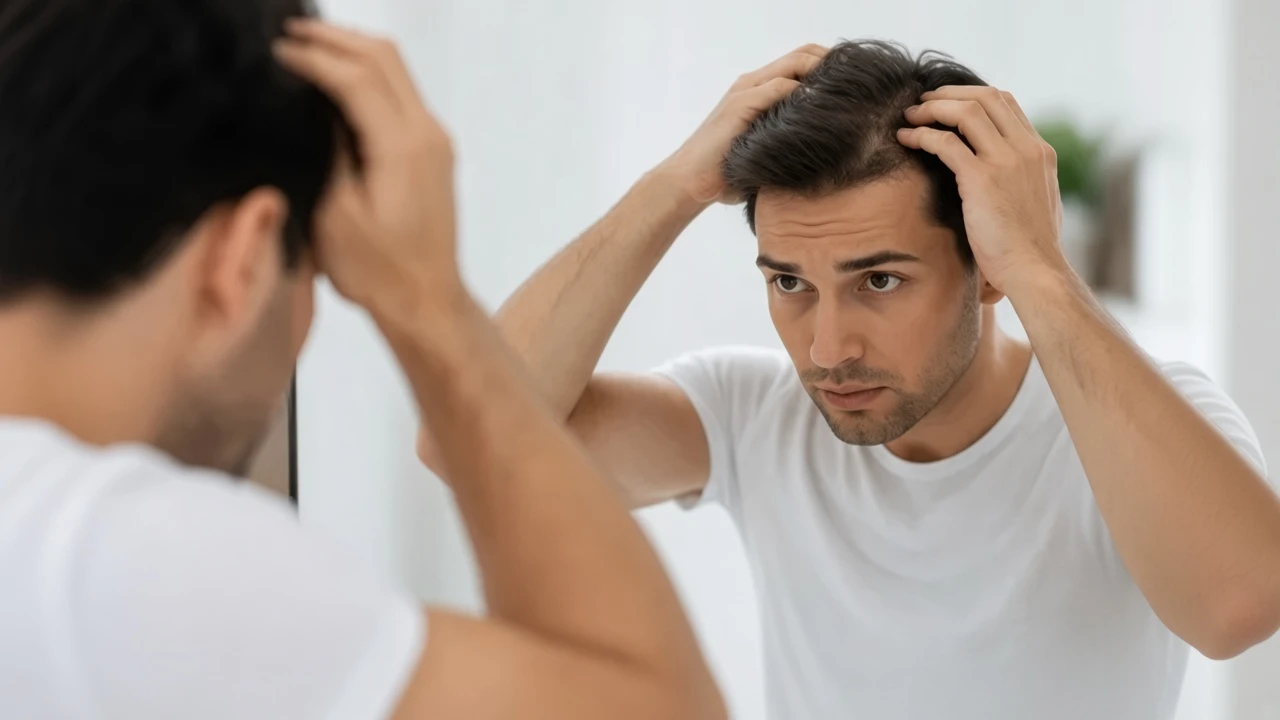 Man checking his hairline in the mirror