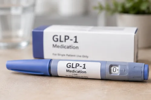 GLP-1 medication injection pen and packaging on a counter