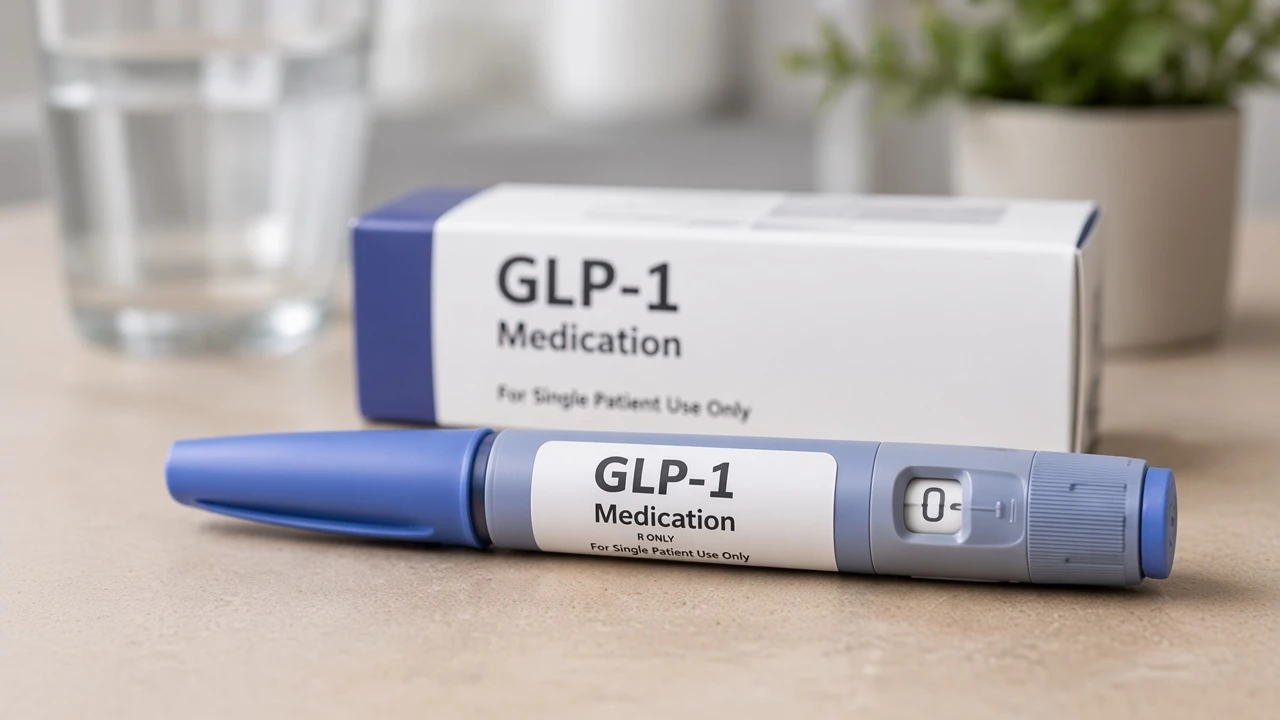 GLP-1 medication injection pen and packaging on a counter