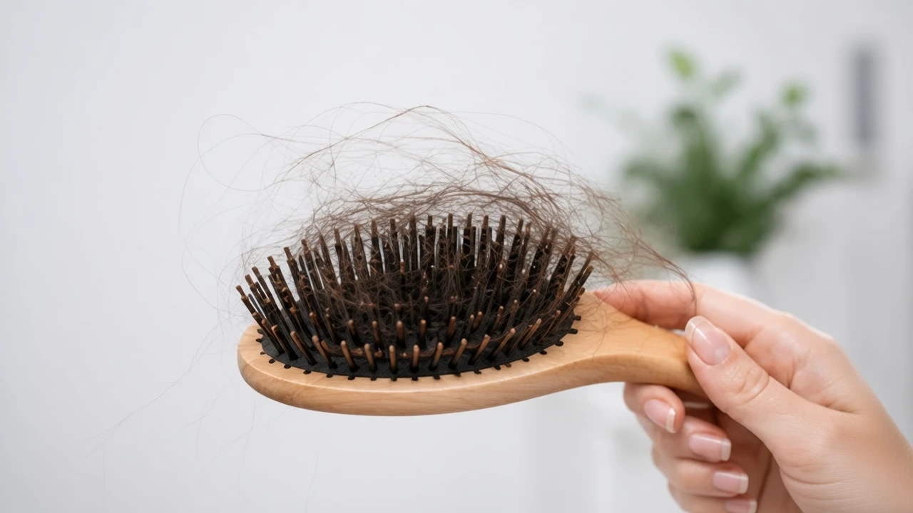 Wooden hairbrush holding a large clump of shed hair