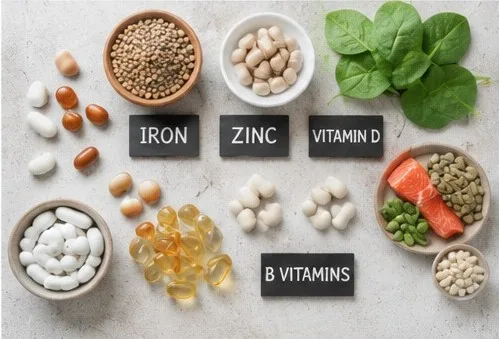 Foods and supplements labeled for iron, zinc, vitamin D, and B vitamins