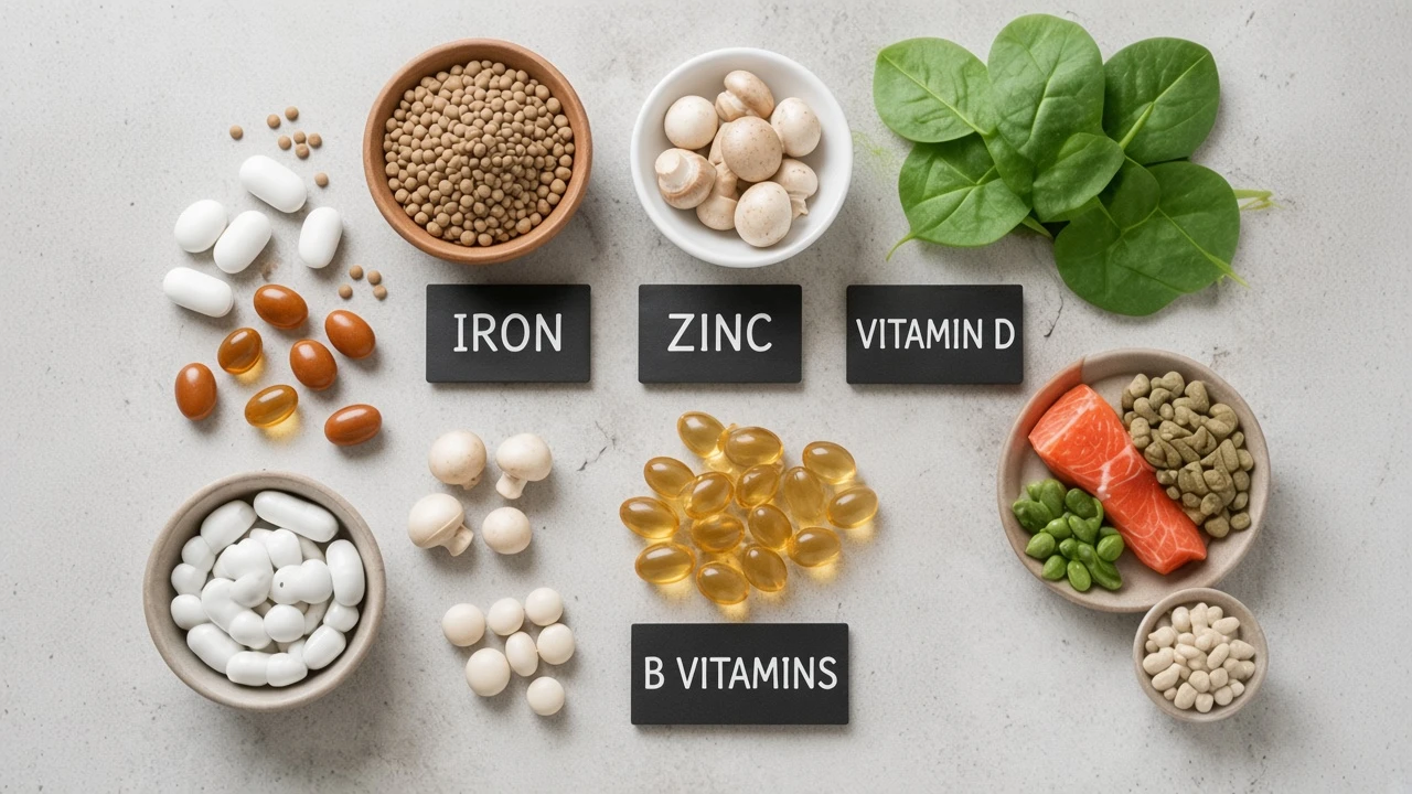 Foods and supplements labeled for iron, zinc, vitamin D, and B vitamins