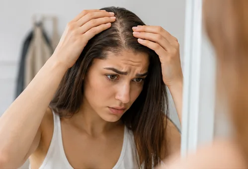 Woman looking in the mirror and parting her hair to check her scalp