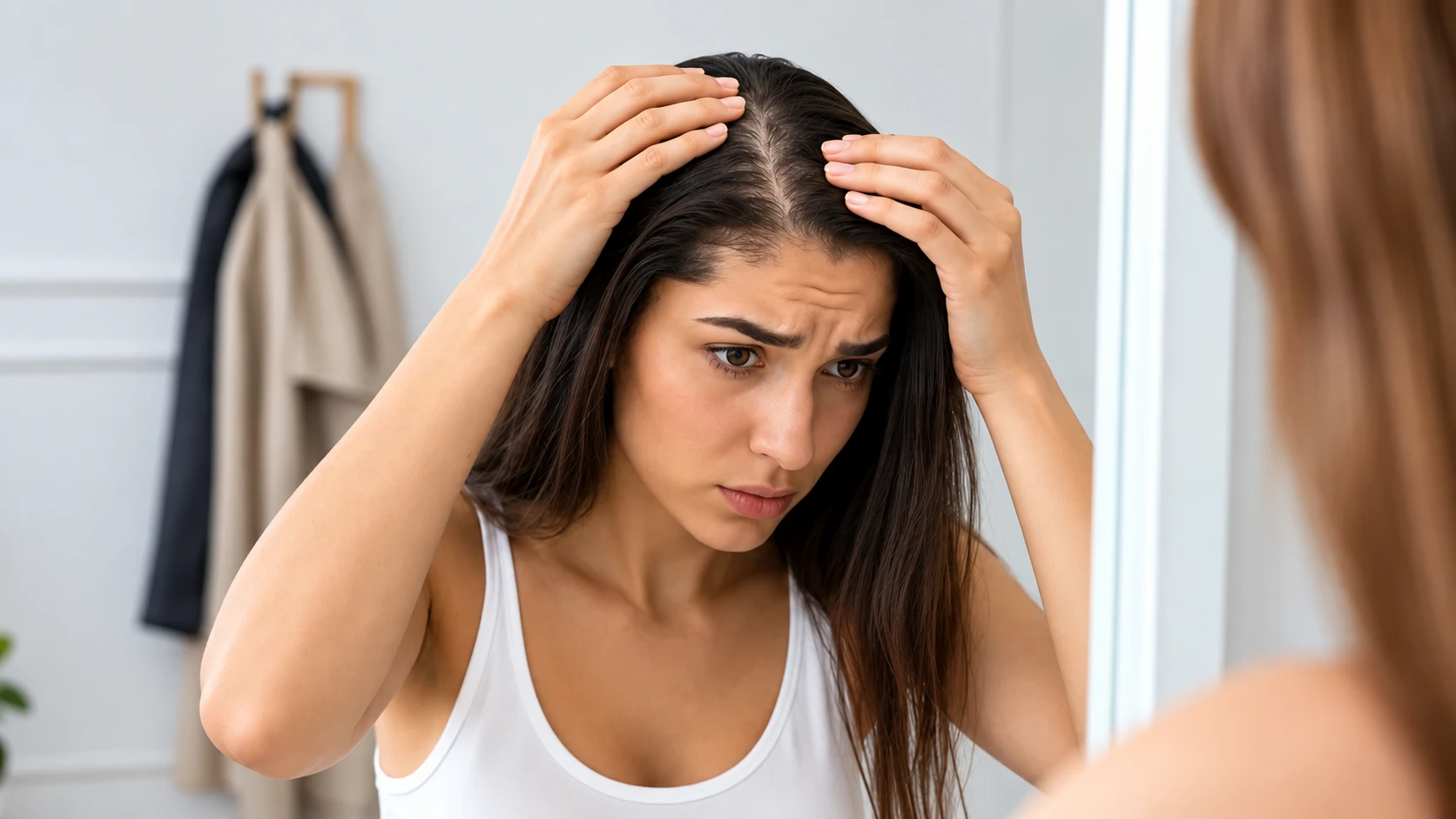 Woman looking in the mirror and parting her hair to check her scalp