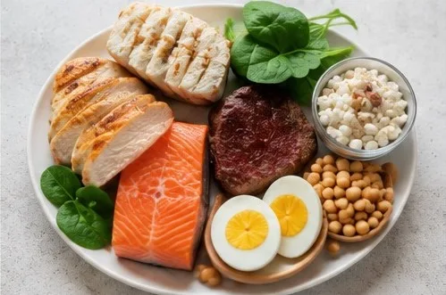 Plate of protein-rich foods including chicken, salmon, eggs, chickpeas, and cottage cheese