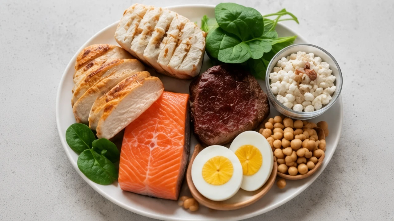 Plate of protein-rich foods including chicken, salmon, eggs, chickpeas, and cottage cheese