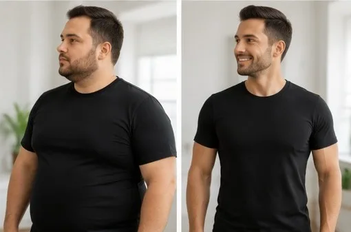 Side-by-side before and after of significant weight loss