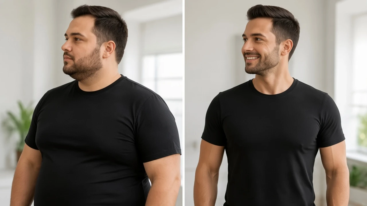 Side-by-side before and after of significant weight loss