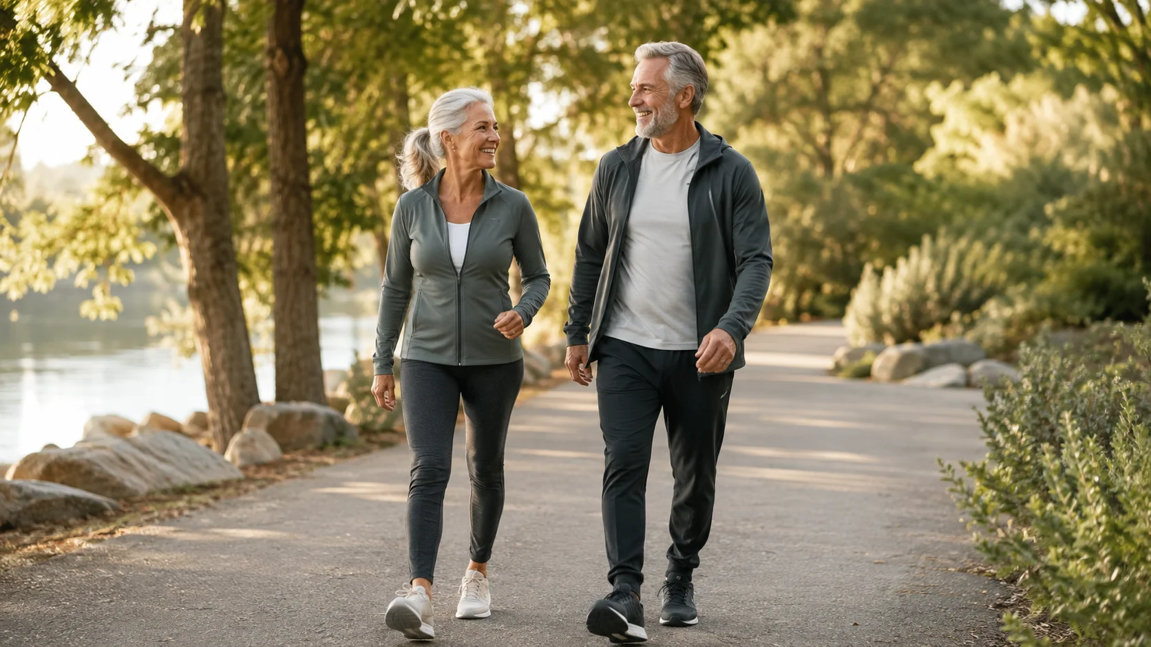Man and woman walking outdoors — strength and mobility supporting independence with age
