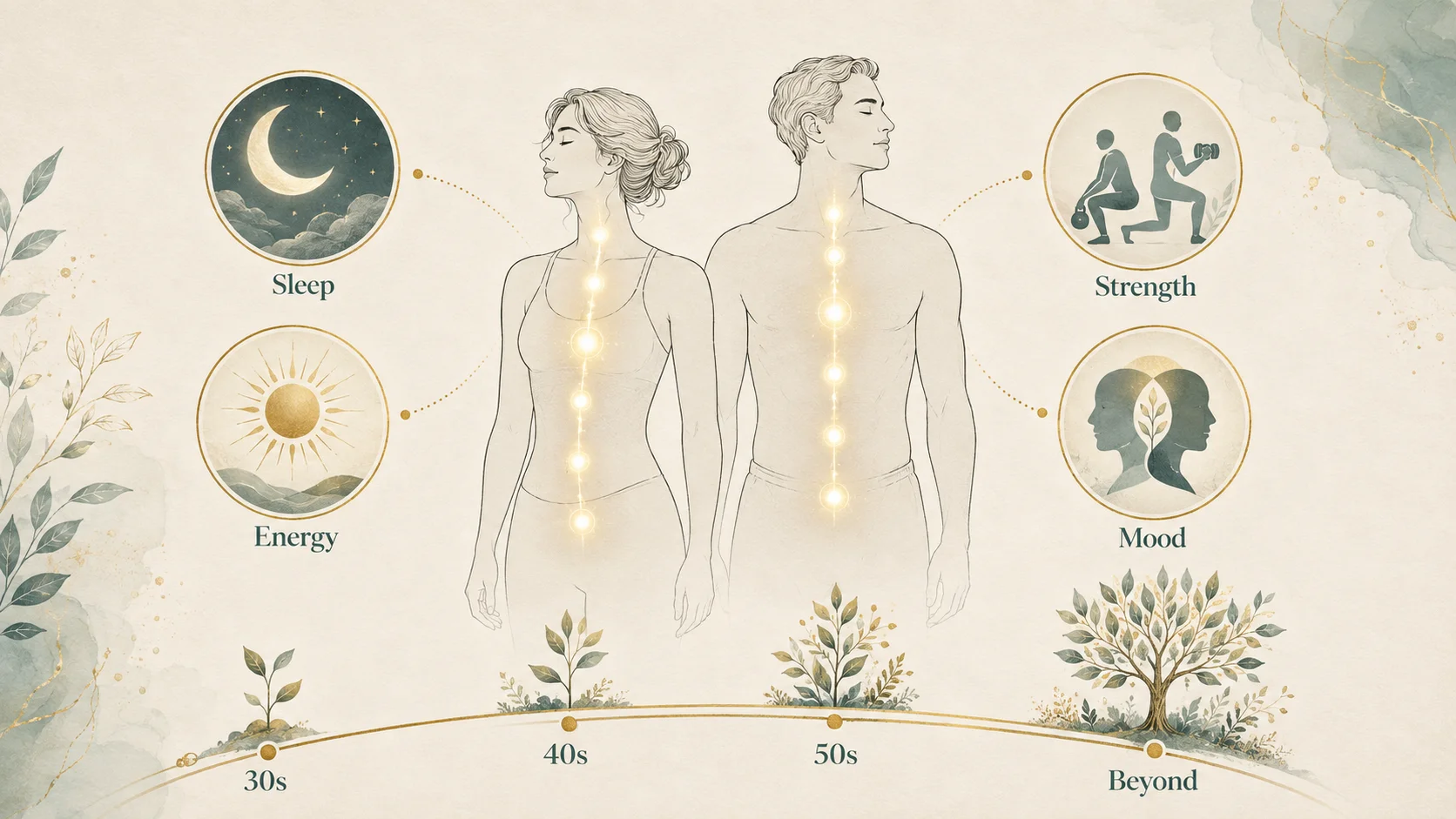 Inclusive diagram of a man and woman with sleep, strength, energy, and mood across the decades — hormone health as whole-person care