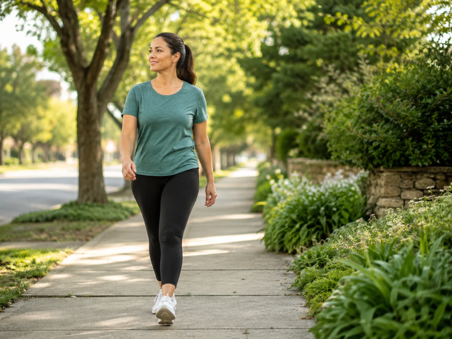 Woman walking outdoors on a tree-lined neighborhood sidewalk