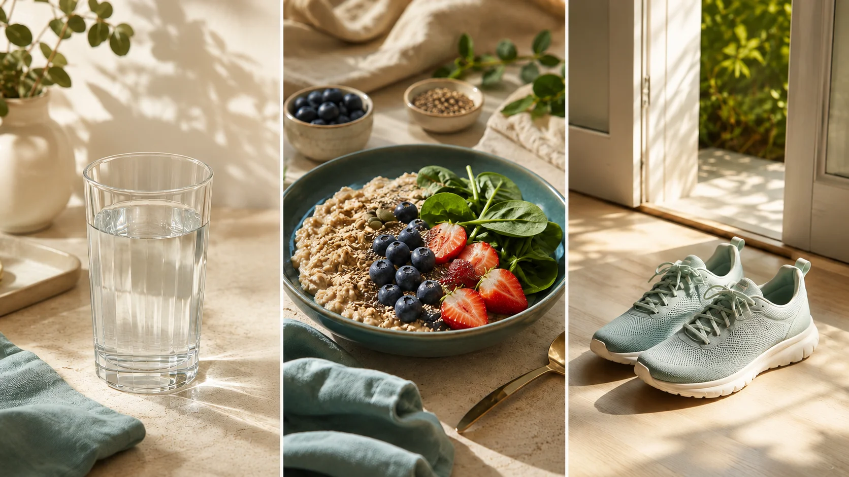 Fiber-rich breakfast with berries, lemon water, and almonds — everyday habits that support gut health