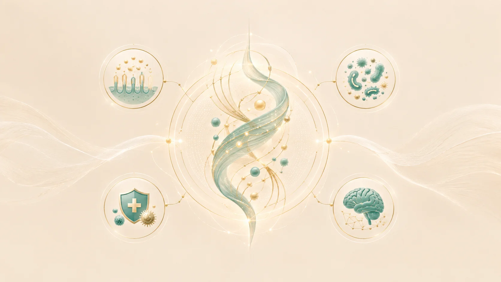 Diagram of the gut connected to nutrients, microbiome, immunity, and the brain