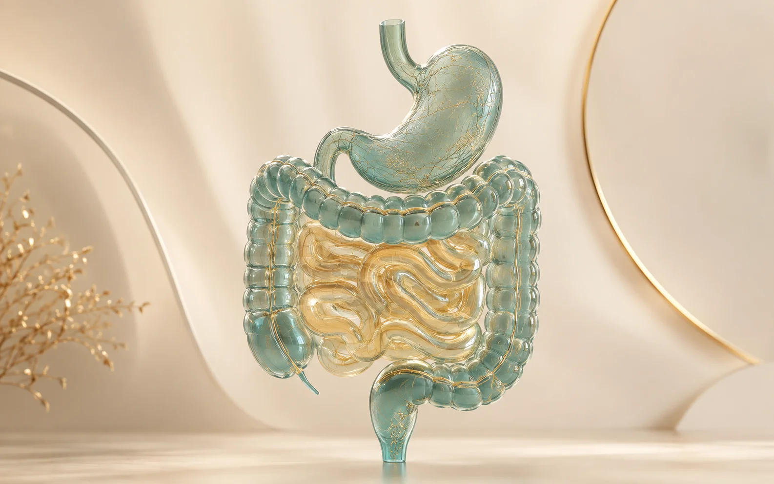 Teal and gold anatomical gut model on cream — an informative view of the digestive system