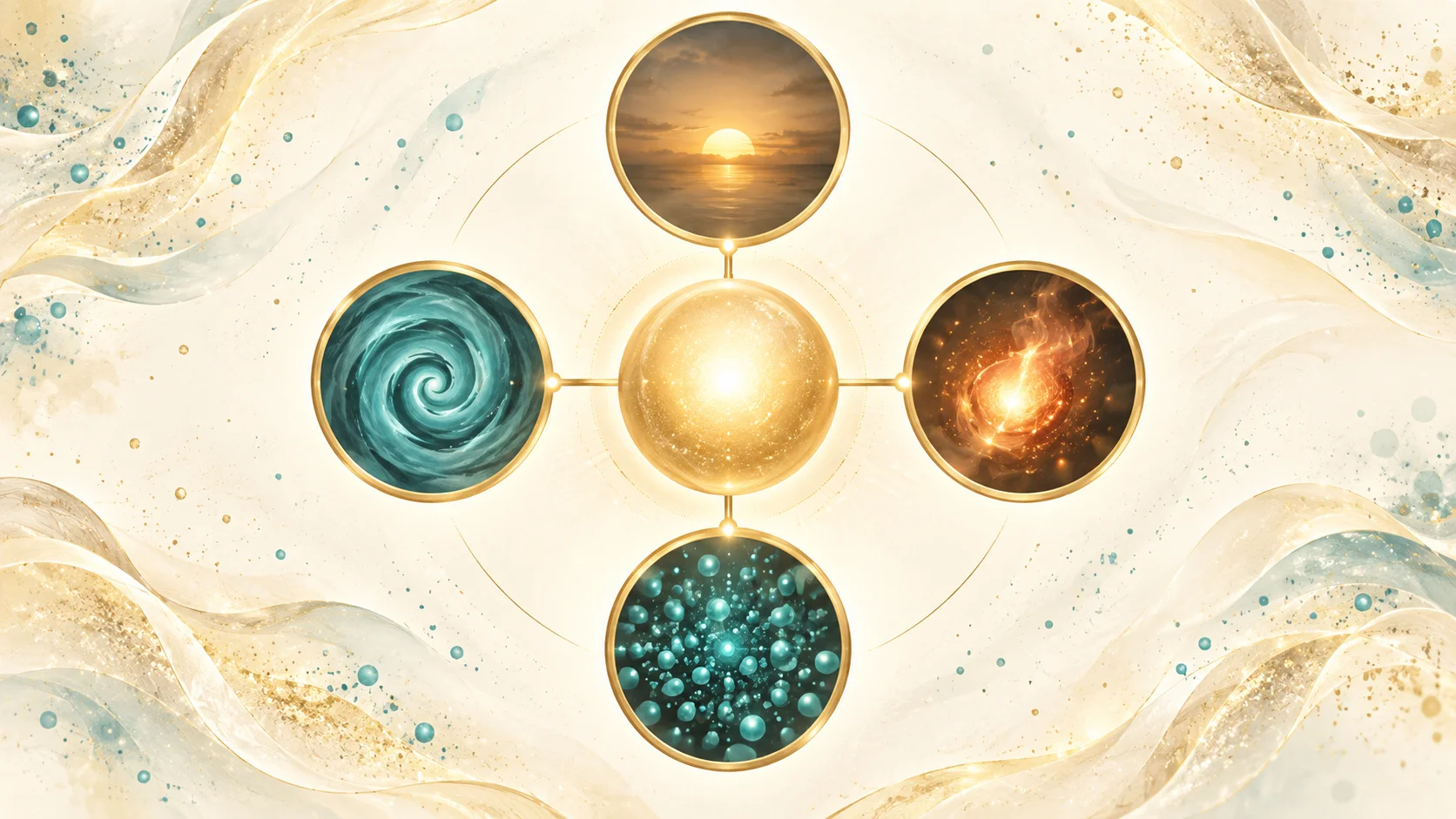 Four gold-rimmed icons around a gold core — exhausted, anxious, inflamed, and overwhelmed as the body asking for support