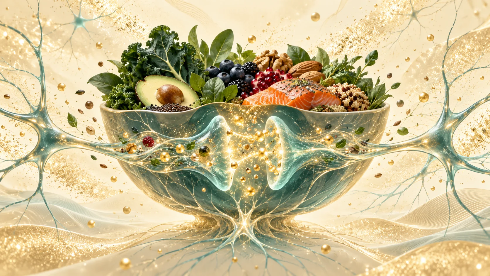 Nourishing bowl of whole food with gold nutrients flowing into a teal synapse — fuel instead of convenience