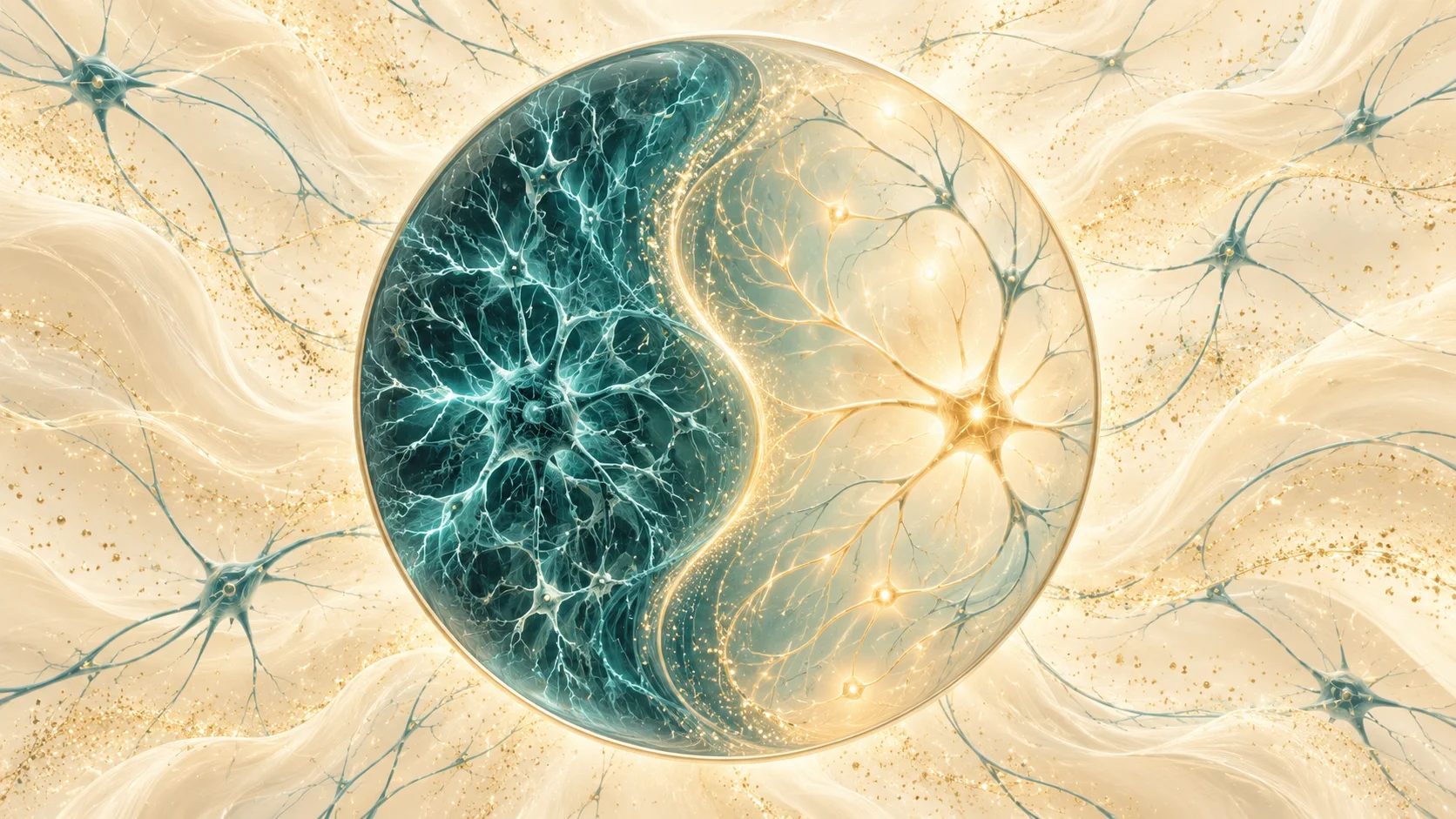 Circular emblem of an overstimulated teal nervous system beside a calmer gold-supported network
