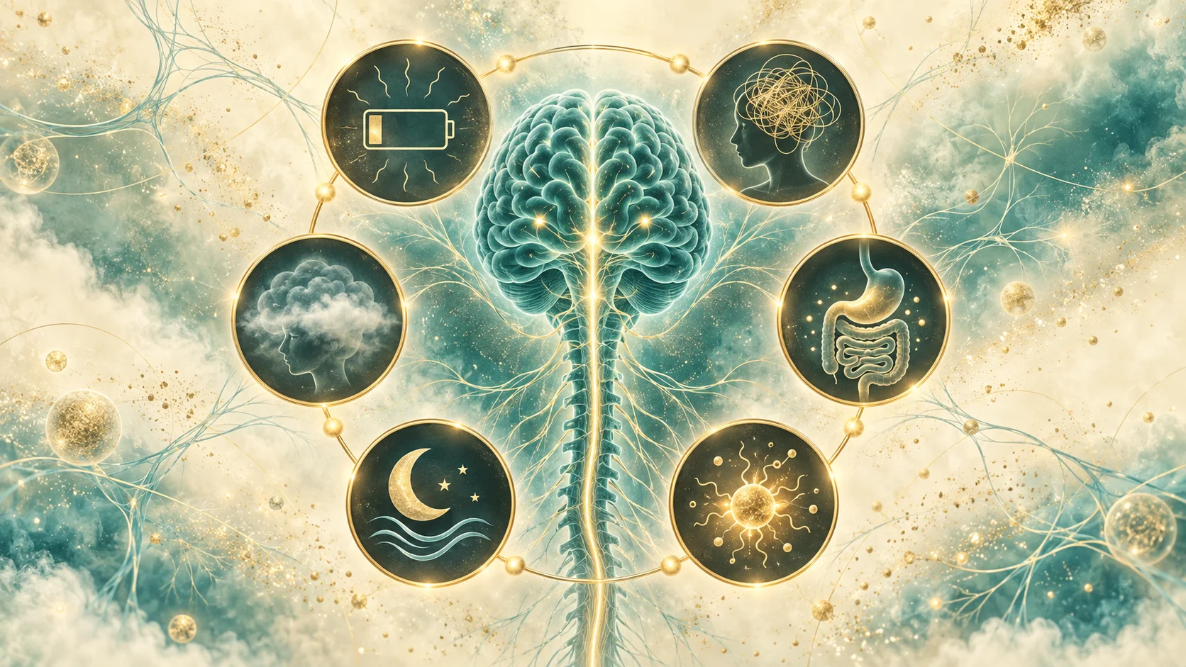 Brain and spinal cord with six symptom nodes — exhaustion, brain fog, sleep, inflammation, digestion, and anxiety