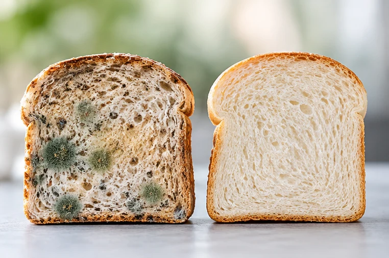 A moldy slice of bread beside a fresh slice — homemade bread spoils; many store loaves last much longer