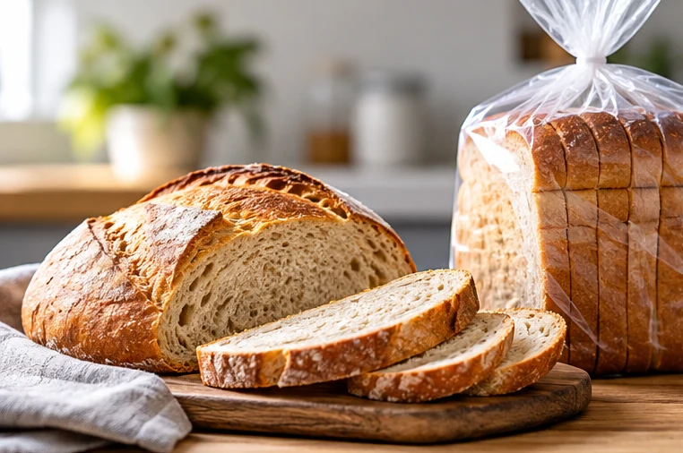 Loaf of homemade bread next to a packaged store-bought loaf on a kitchen counter