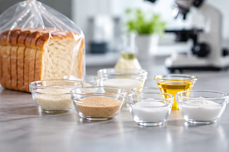 Packaged bread beside bowls of refined ingredients — modern preservation and formulation