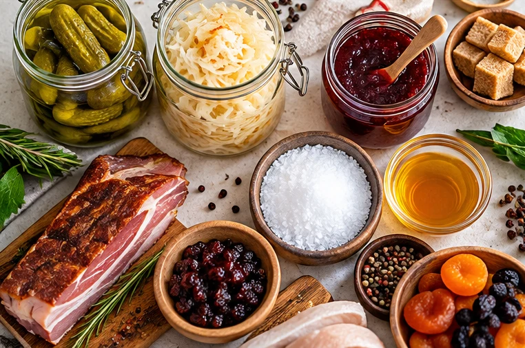 Pickles, sauerkraut, jam, salt, smoked meat, and dried fruit — traditional ways of preserving food