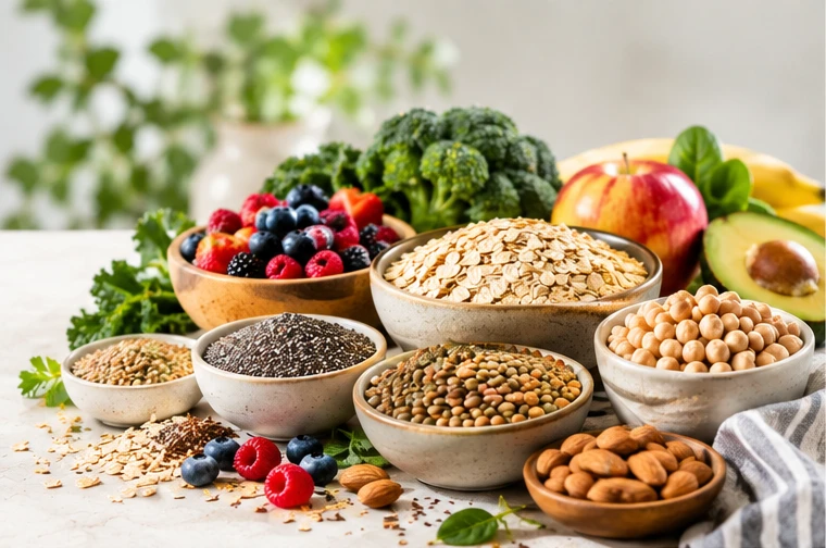 Bowls of oats, berries, lentils, chickpeas, chia, almonds, and fresh produce — fiber-rich plants for everyday meals