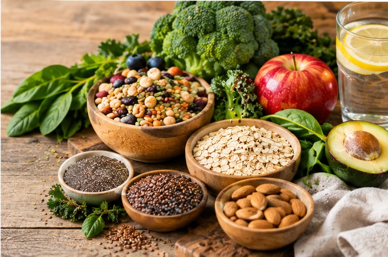 Beans, oats, chia, almonds, produce, and lemon water — fiber-rich foods with hydration