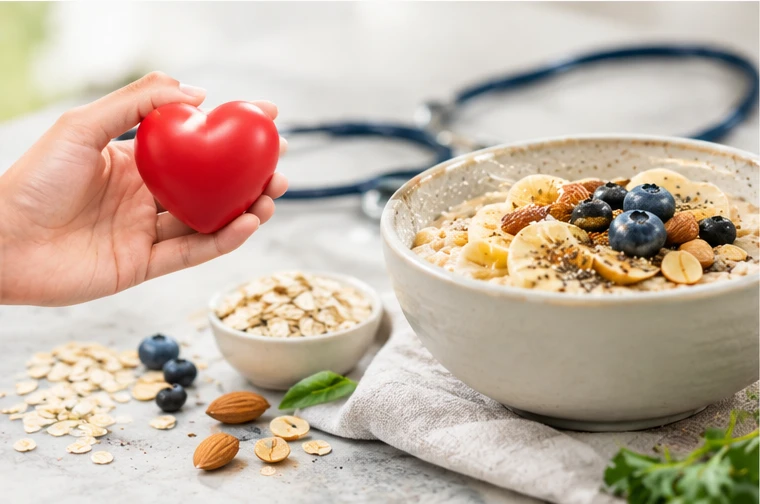 A bowl of oatmeal with banana, berries, and nuts beside a heart and stethoscope