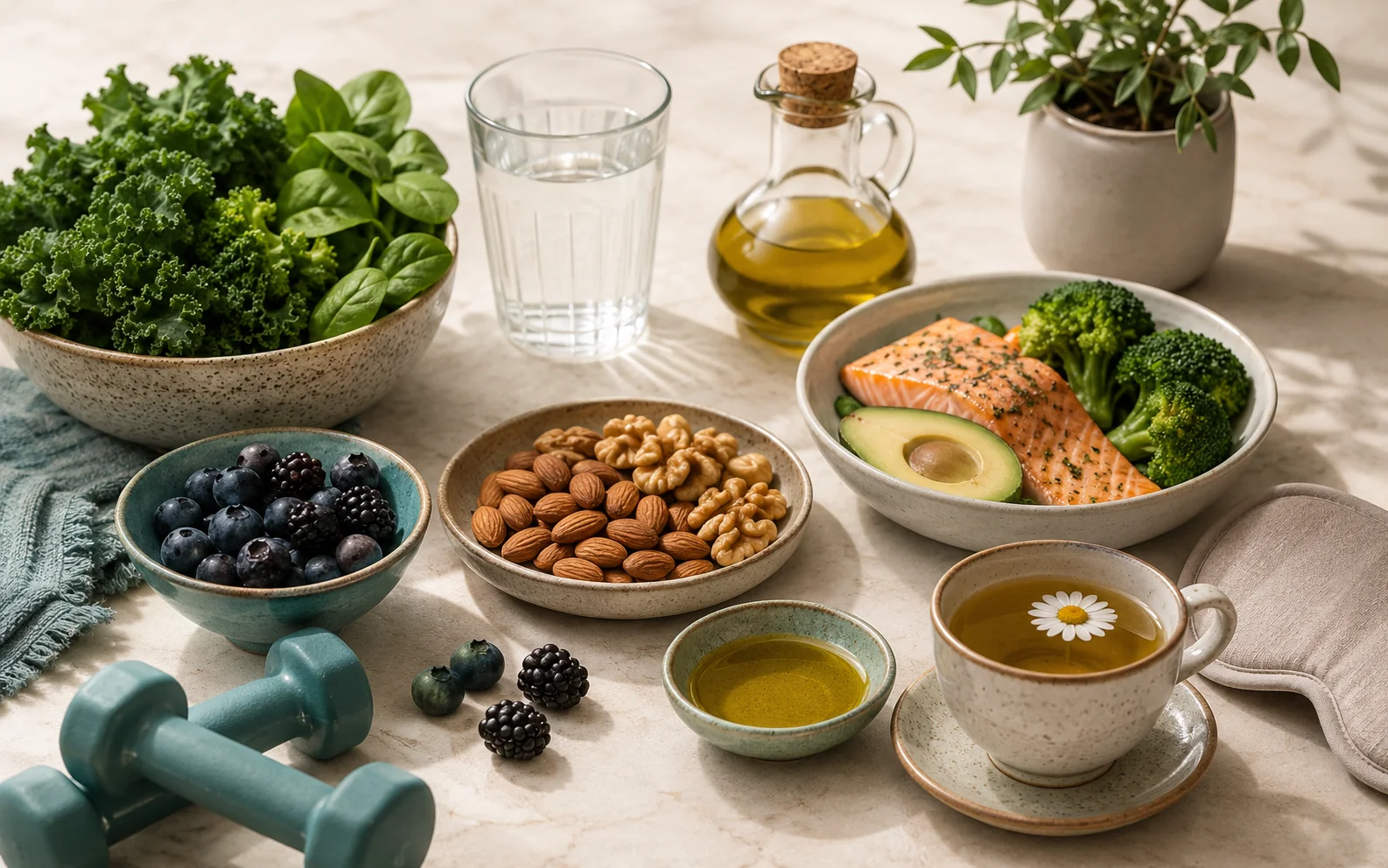 Editorial flat-lay of whole foods, dumbbells, and rest symbols on cream marble — nutrition and recovery habits that support a healthy inflammatory response