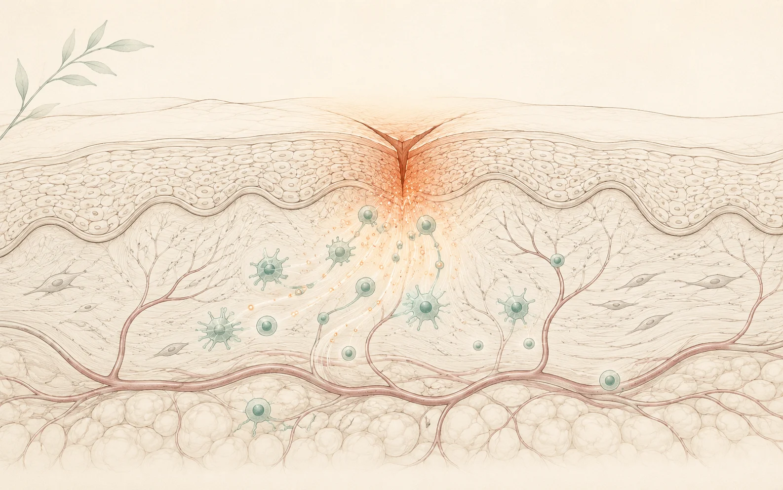 Editorial medical illustration of a minor skin wound with immune cells and healing response — acute inflammation as the body's repair system