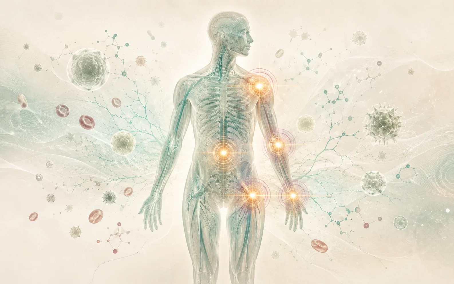 Editorial medical illustration of a gender-neutral human figure with warm glow points at joints and abdomen — chronic inflammation across the body