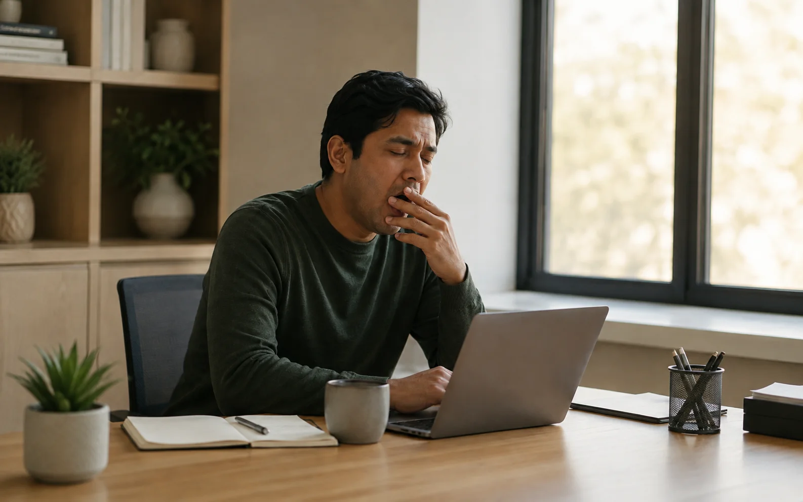 Man in his 30s at a desk in flat afternoon light, rubbing his temples mid-yawn — understated fatigue and brain fog from chronic inflammation