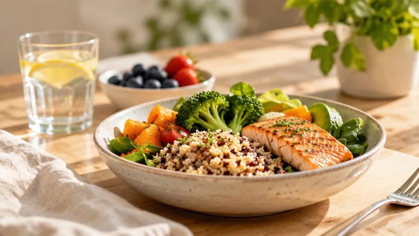 Bowl of salmon, quinoa, vegetables and fruit — nutrition as part of whole-person health