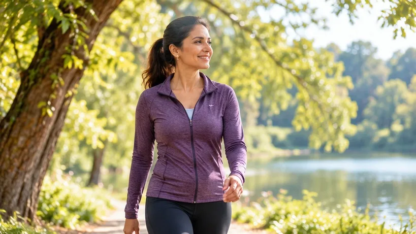 Woman walking outdoors in a park — nutrition, movement, sleep, and everyday habits as part of health