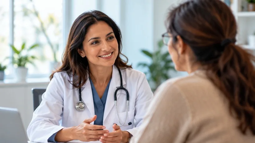 Physician talking with a patient in clinic — thoughtful, physician-led care