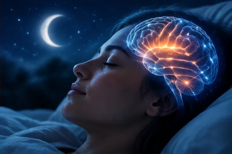 Woman sleeping at night with a visualization of brain activity — sleep as a brain-health process