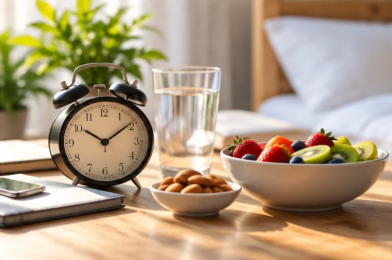 Morning table with an alarm clock, water, almonds and fresh fruit — sleep, appetite and metabolic rhythm