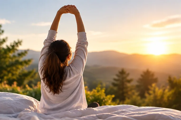 Woman stretching toward a sunrise — daylight, morning rhythm and a consistent sleep schedule