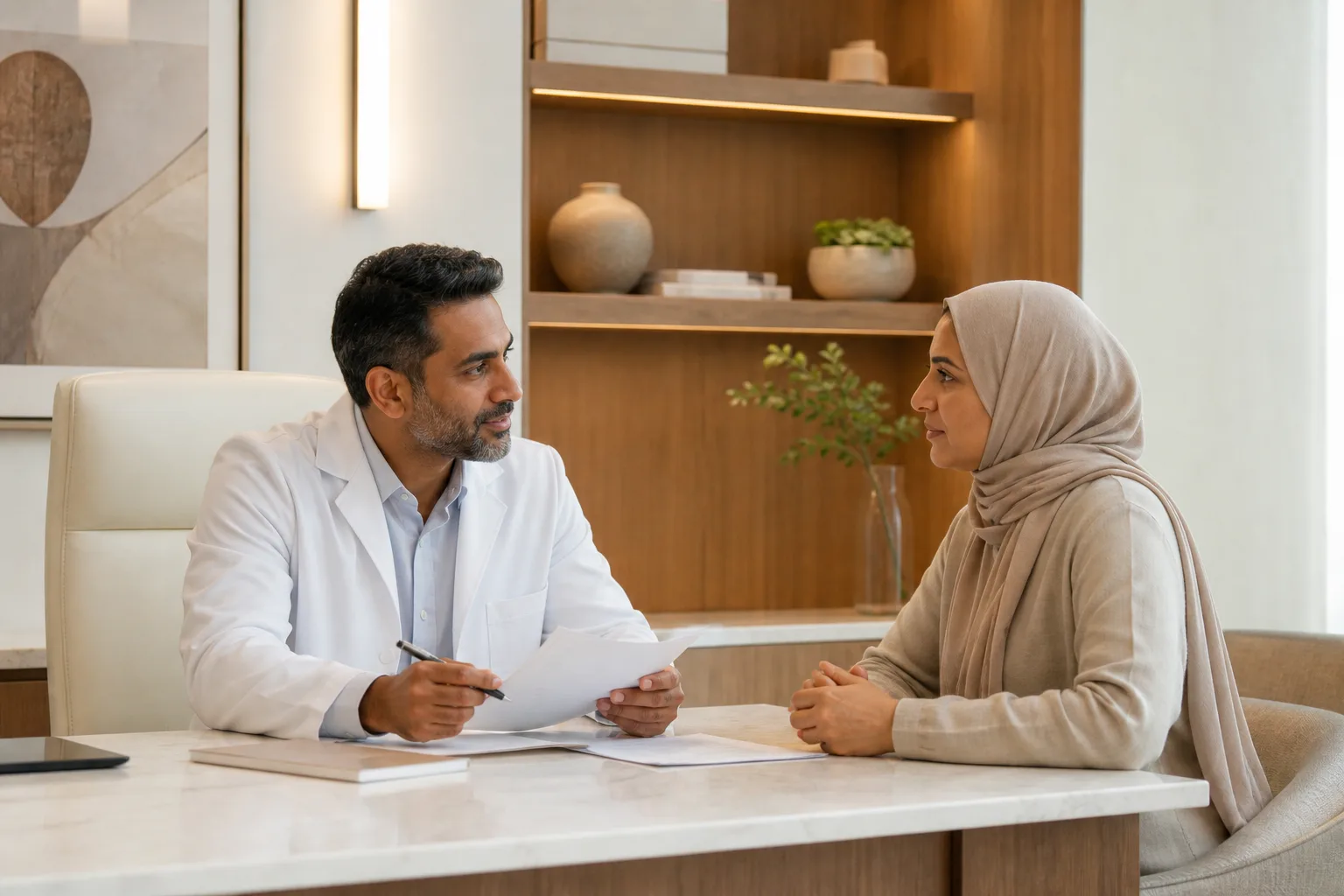 Physician reviewing lab results with a patient across the desk — seeking better understanding, not endless testing