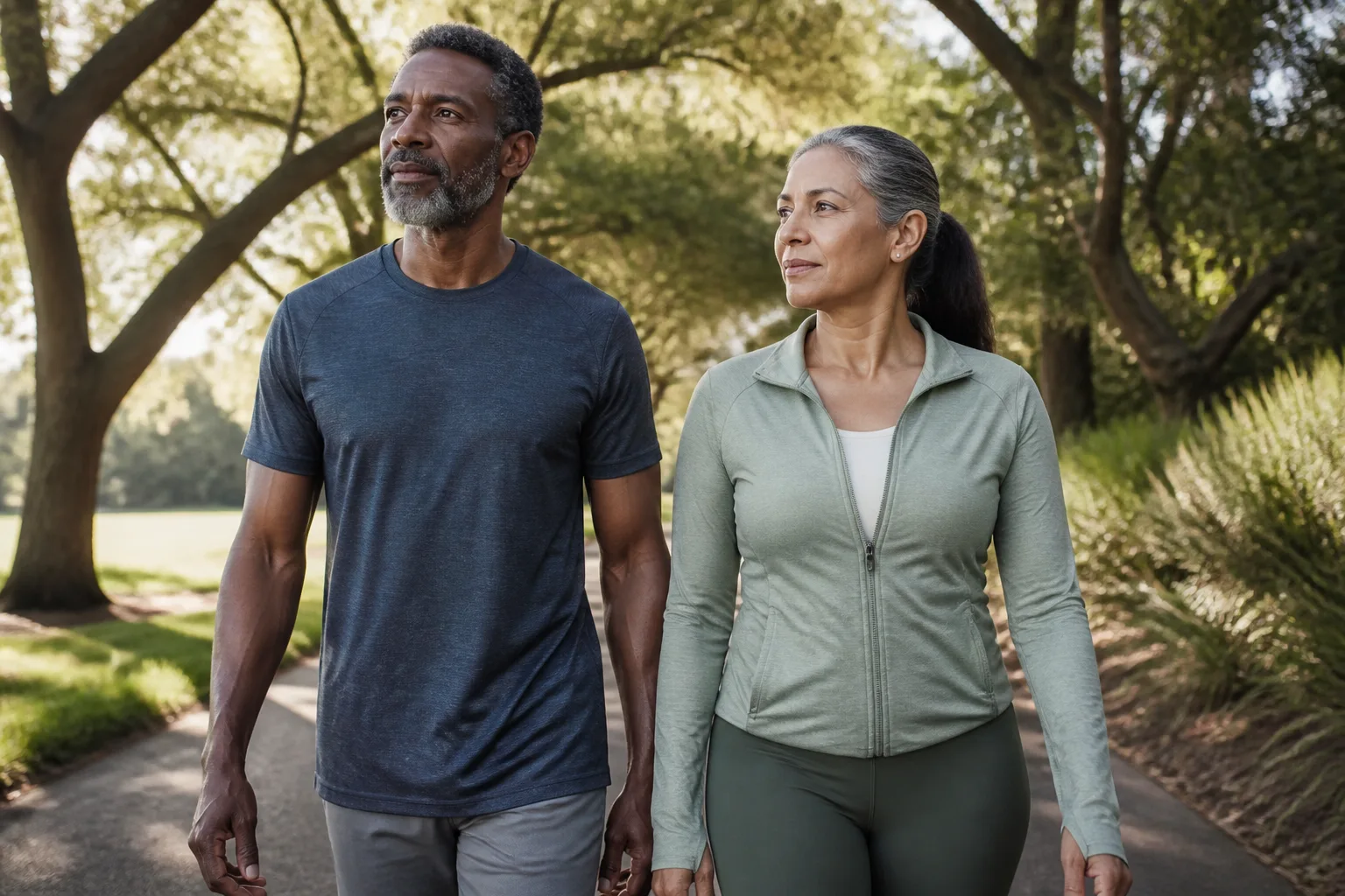 Man and woman walking outdoors side by side — healthcare that evolves as bodies change across the decades