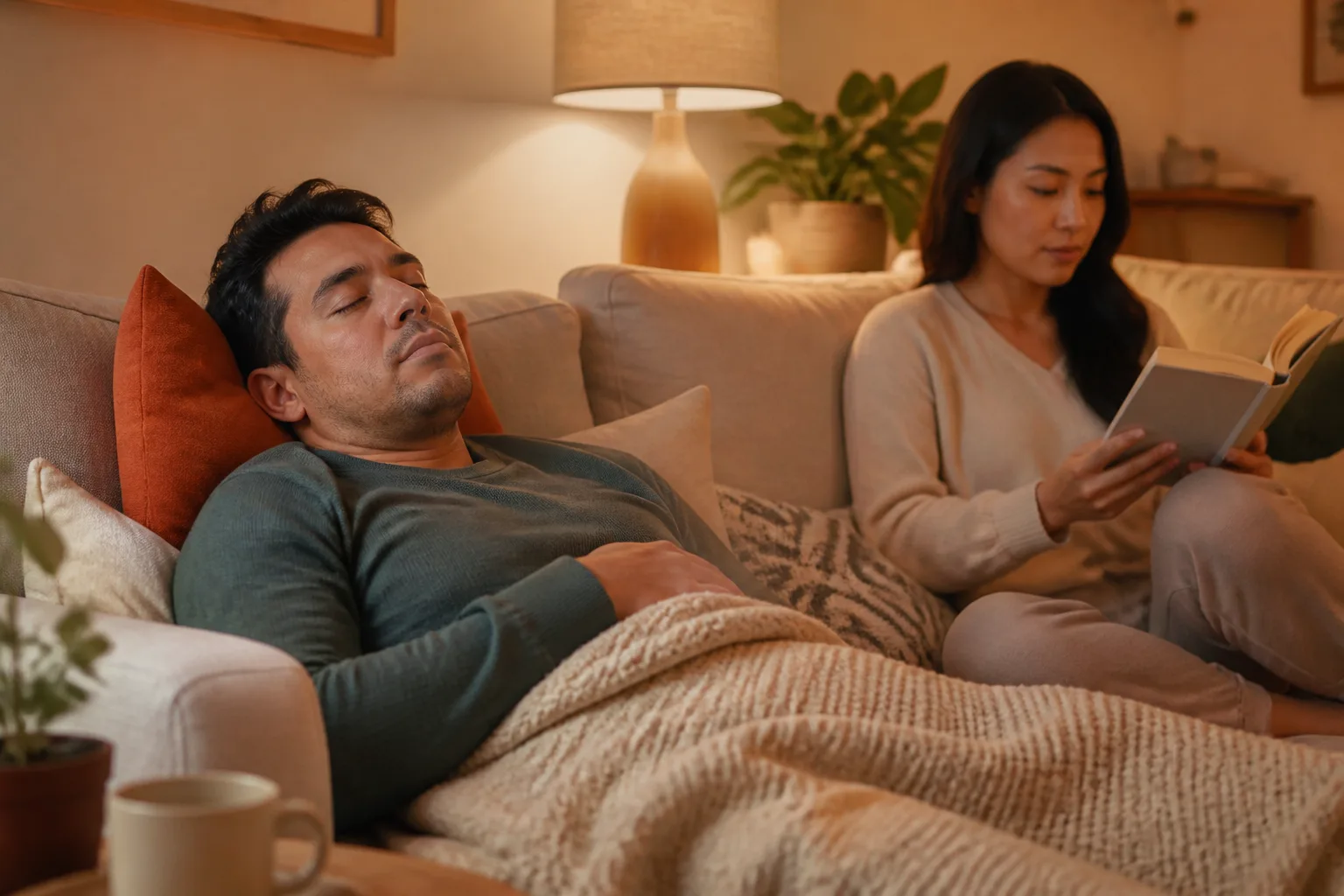 Man resting on a couch while a woman reads nearby — overlapping patterns of sleep, recovery, and daily life that shape energy