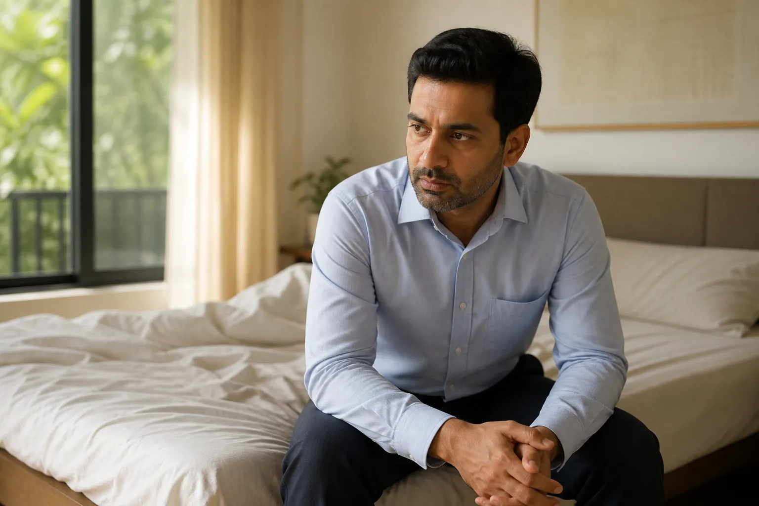 Man sitting on the edge of his bed in morning light, dressed for the day but visibly drained — tired even when everything looks fine on paper
