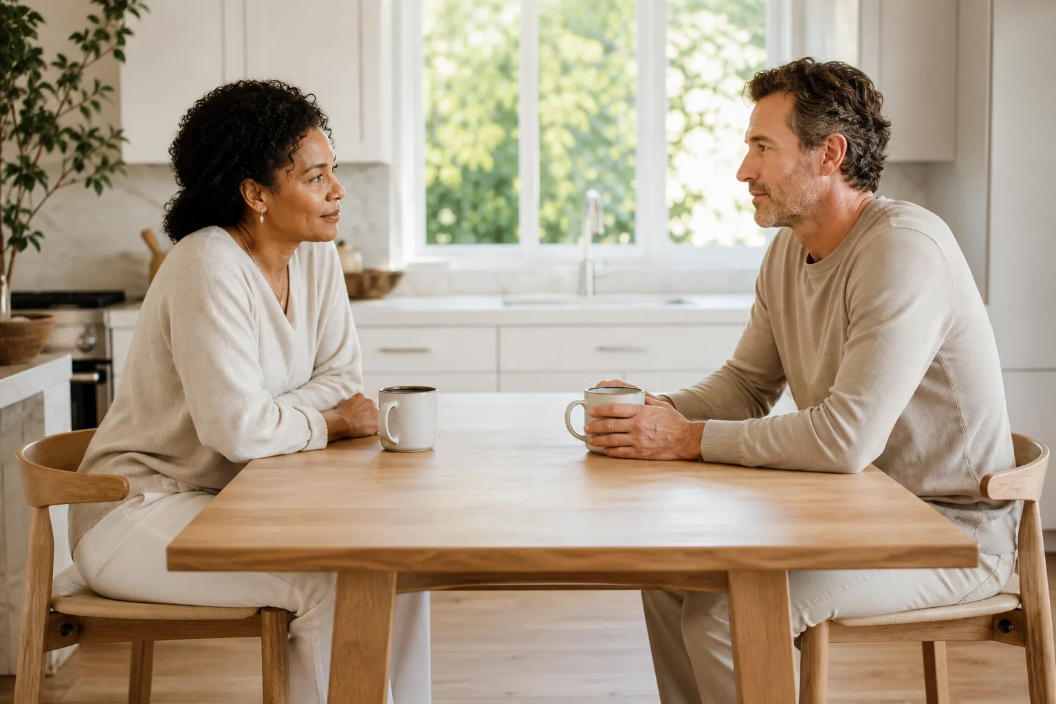 Woman and man sitting together at a bright kitchen table in quiet morning conversation — the space between looking fine and not feeling optimal