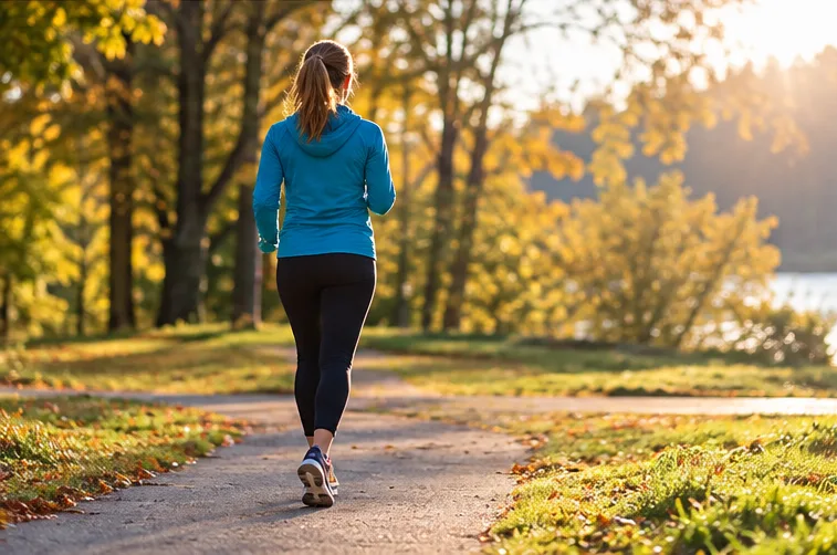 Woman walking a sunlit park path in autumn — daylight, movement, and getting outside