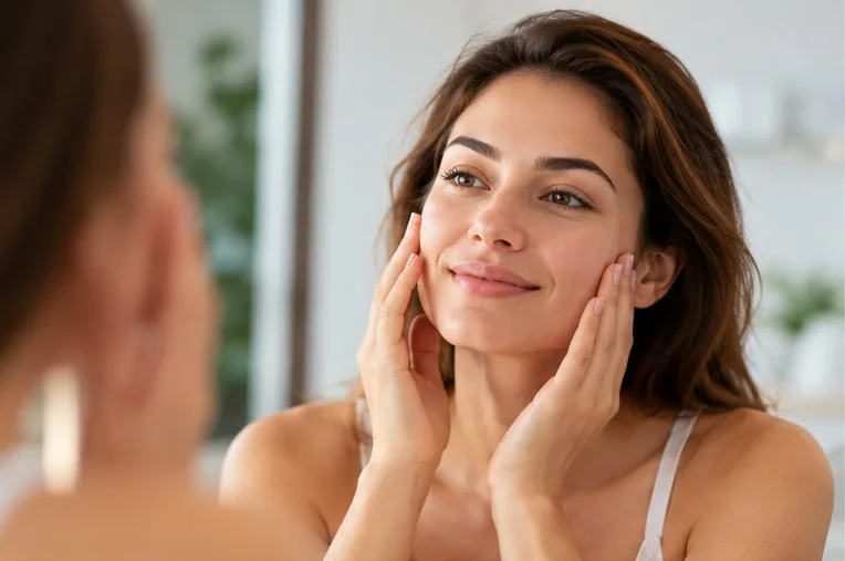 Woman looking in the mirror and gently touching her face — noticing what the skin is saying